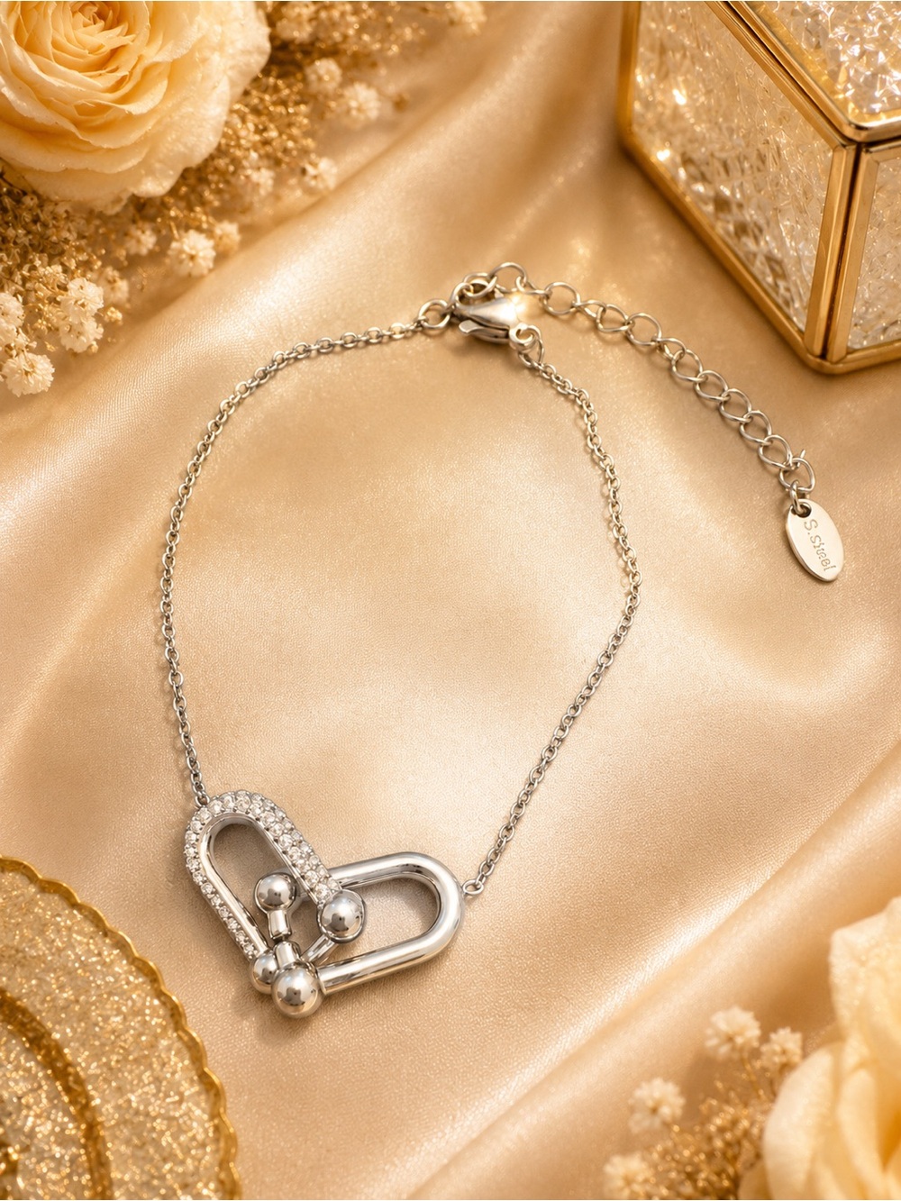 Silver Stainless Steel Pavé Link Bracelet | Adjustable 6.5–8.5”